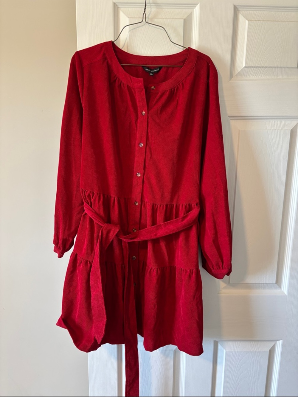 Simply Southern Red Long-Sleeve Button Front Tiered Dress with Tie Size XL